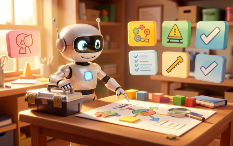 Friendly toy robot choosing a business problem before selecting an AI tool