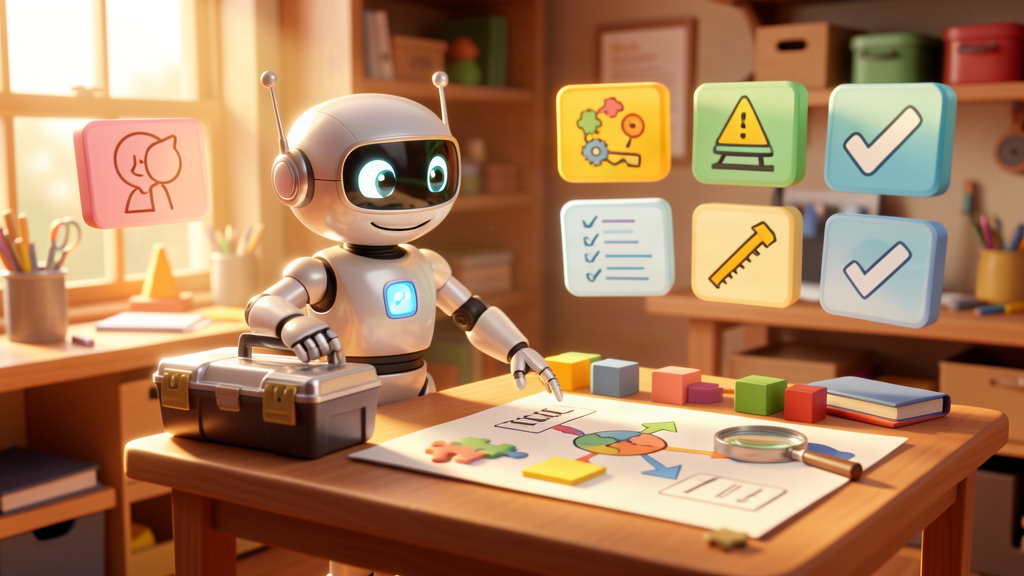 Friendly toy robot choosing a business problem before selecting an AI tool