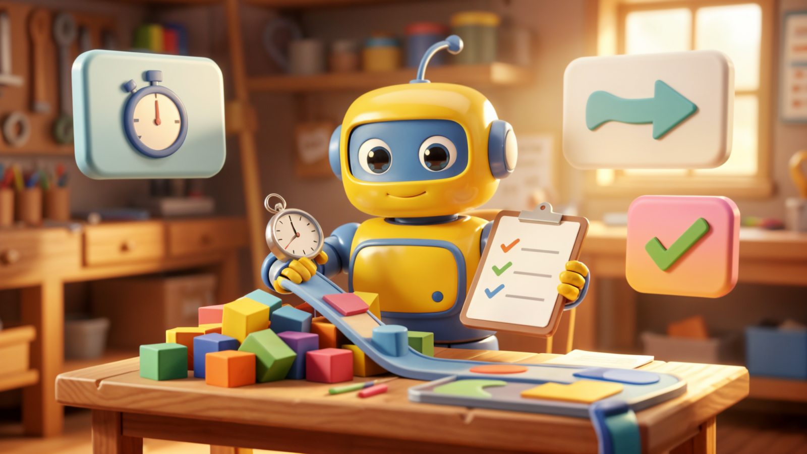 Friendly toy robot organising workflow blocks to show AI reducing admin and saving time