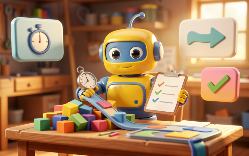 Friendly toy robot organising workflow blocks to show AI reducing admin and saving time