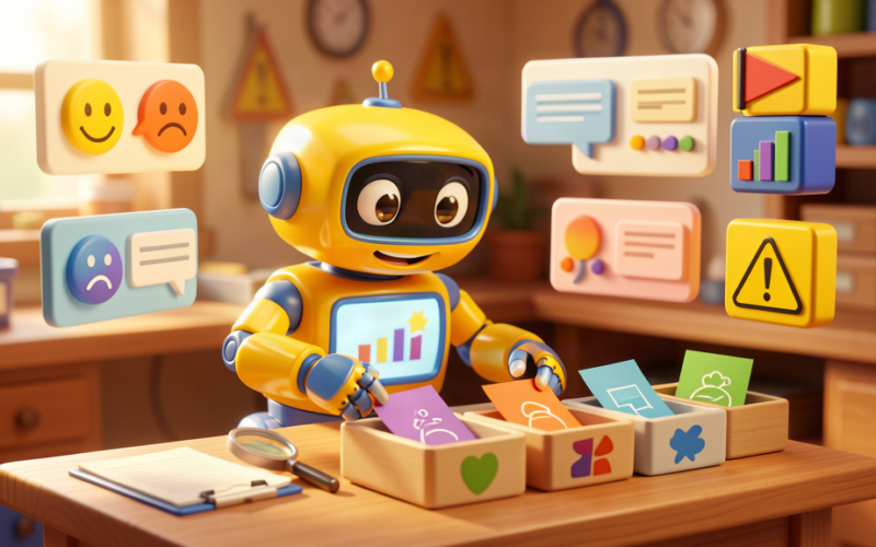 Toy robot sorting client feedback cards into themes on a warm workshop desk, with abstract sentiment and chart panels