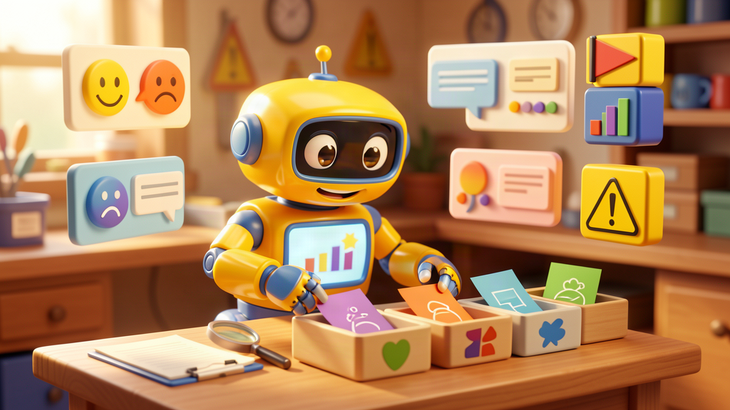 Toy robot sorting client feedback cards into themes on a warm workshop desk, with abstract sentiment and chart panels