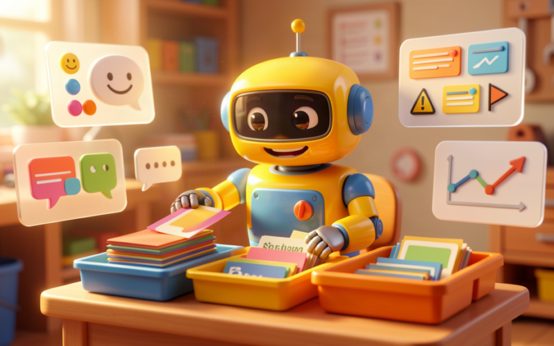 Toy-style AI robot sorting client feedback survey cards into themed trays at a desk.