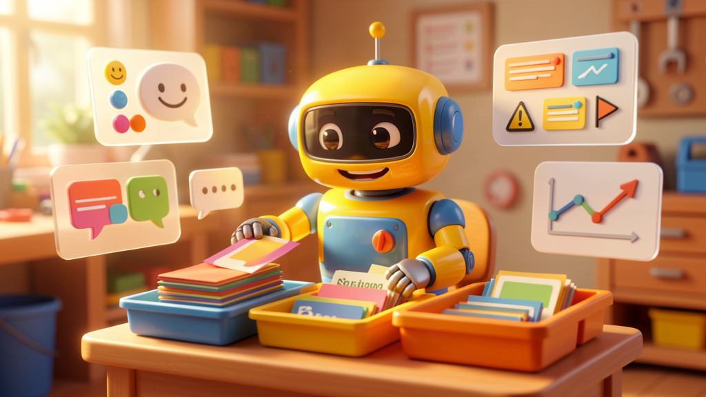 Toy-style AI robot sorting client feedback survey cards into themed trays at a desk.