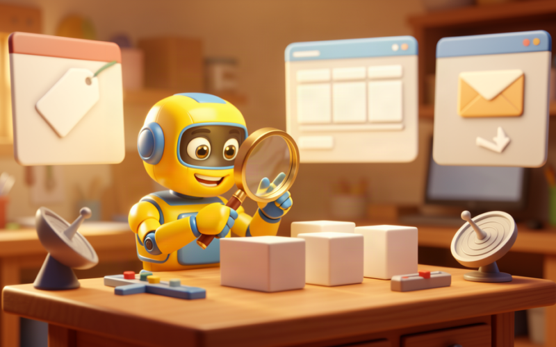 Toy robot using a magnifying glass to monitor website, pricing and digest panels on a desk