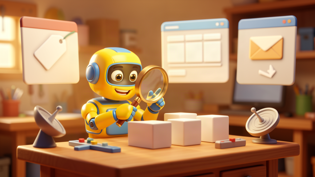 Toy robot using a magnifying glass to monitor website, pricing and digest panels on a desk