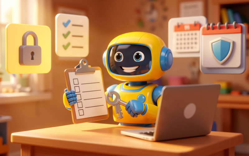 Toy robot holding a checklist and key with security and calendar panels for employee offboarding