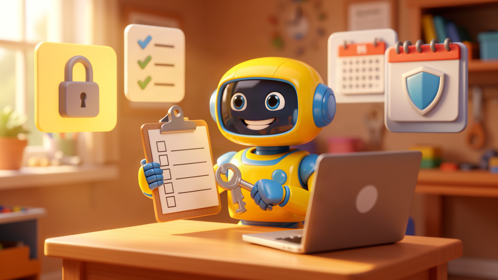 Toy robot holding a checklist and key with security and calendar panels for employee offboarding