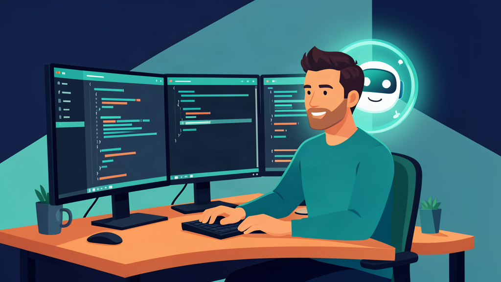 Experienced developer working at multiple monitors alongside a friendly AI assistant