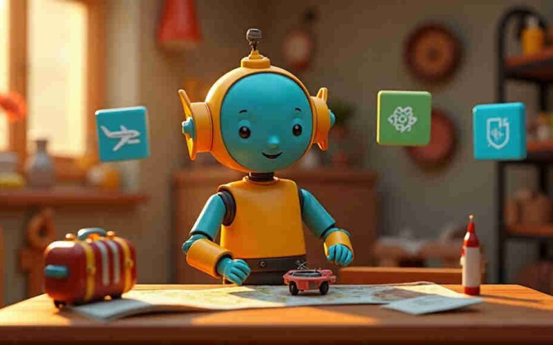 Illustration of a toy robot at a desk with a suitcase and map, representing this week's AI travel testing and news site work