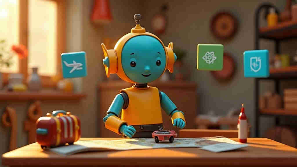 Illustration of a toy robot at a desk with a suitcase and map, representing this week's AI travel testing and news site work