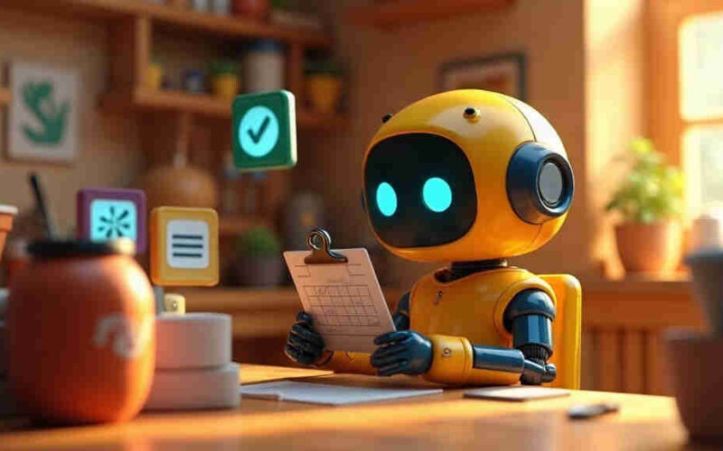 Toy robot character at a desk with a calendar and notepad, surrounded by floating icon panels