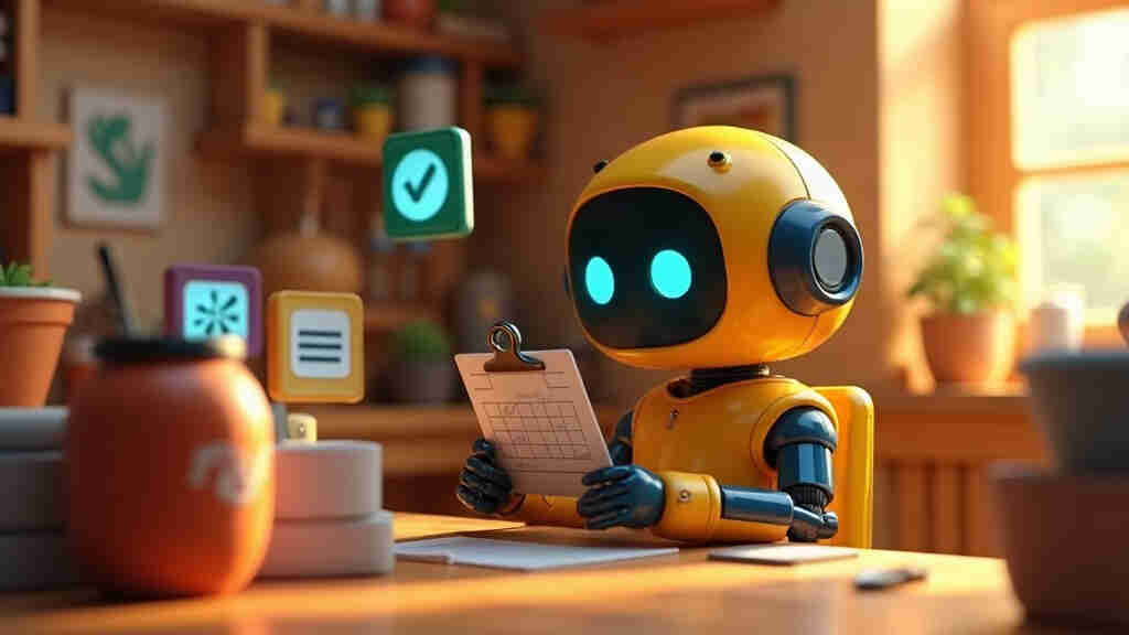 Toy robot character at a desk with a calendar and notepad, surrounded by floating icon panels