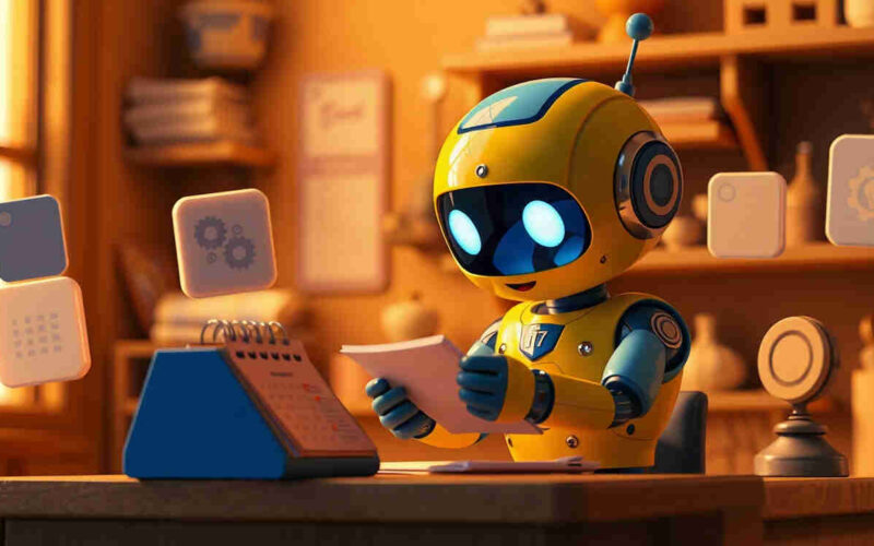 A friendly toy robot character sitting at a small desk with a calendar and notepad, Pixar-style illustration