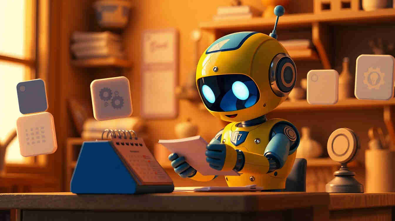A friendly toy robot character sitting at a small desk with a calendar and notepad, Pixar-style illustration