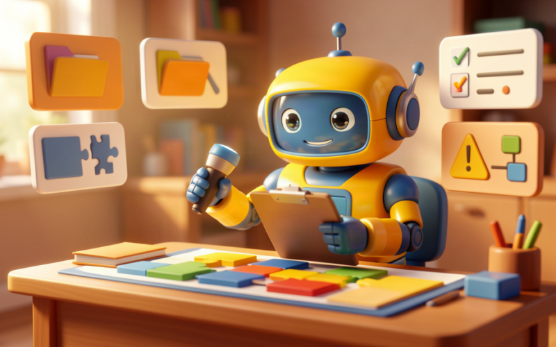 Toy-style AI robot checking process documentation gaps with a clipboard and colourful workflow blocks.