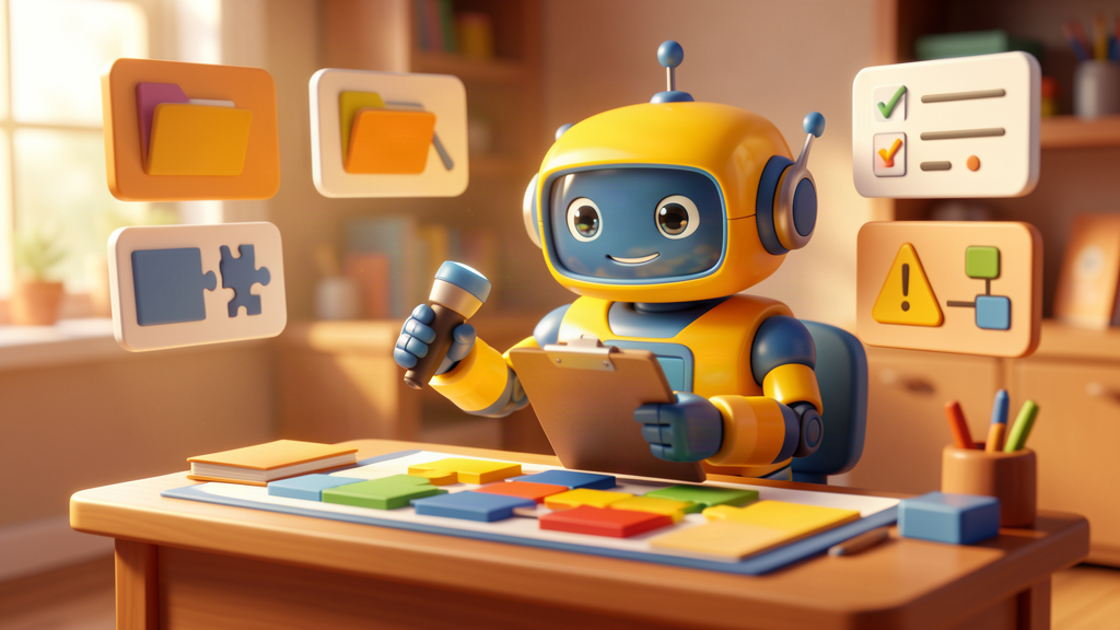Toy-style AI robot checking process documentation gaps with a clipboard and colourful workflow blocks.