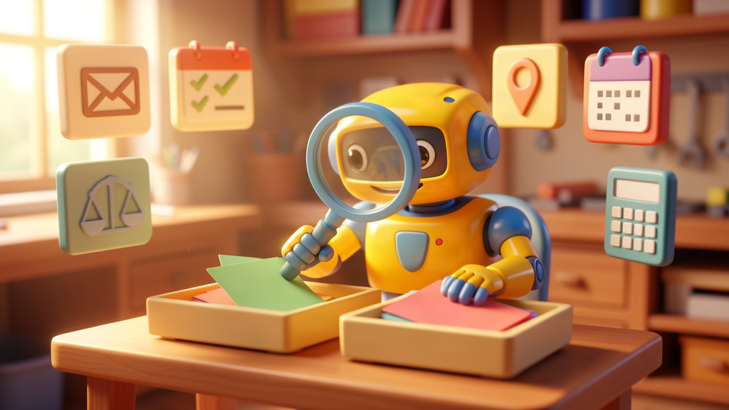 Toy-style AI robot using a magnifying glass to sort blank enquiry cards for intake screening.