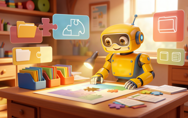 Toy robot organising folders and puzzle pieces on a warm workshop desk with abstract process panels