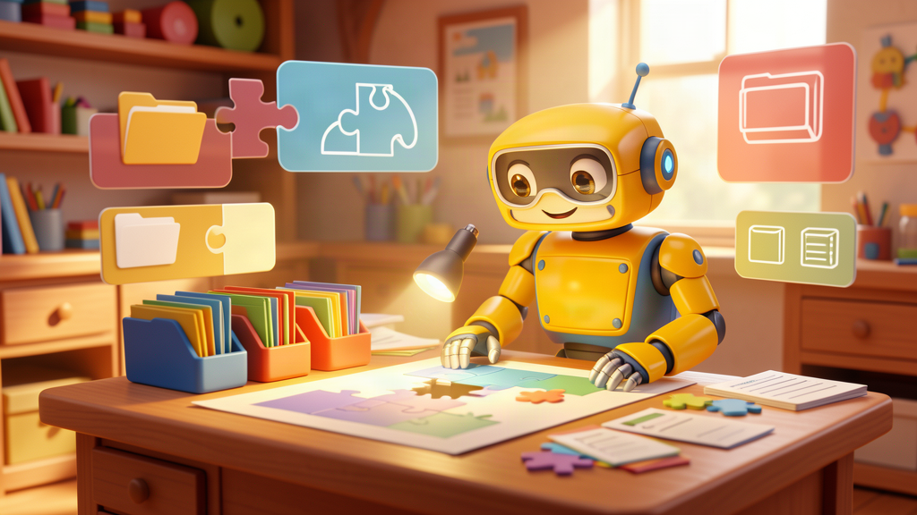 Toy robot organising folders and puzzle pieces on a warm workshop desk with abstract process panels