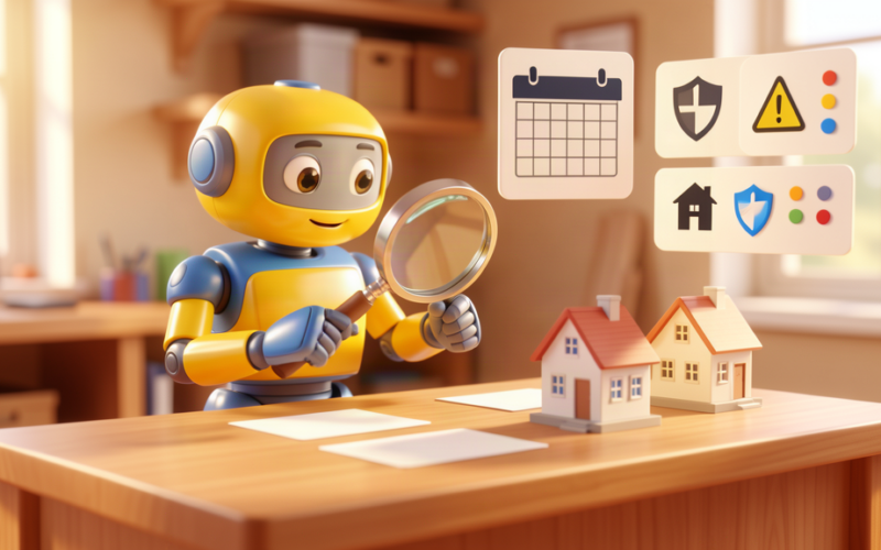 Toy robot inspecting miniature houses with a magnifying glass and abstract insurance renewal panels