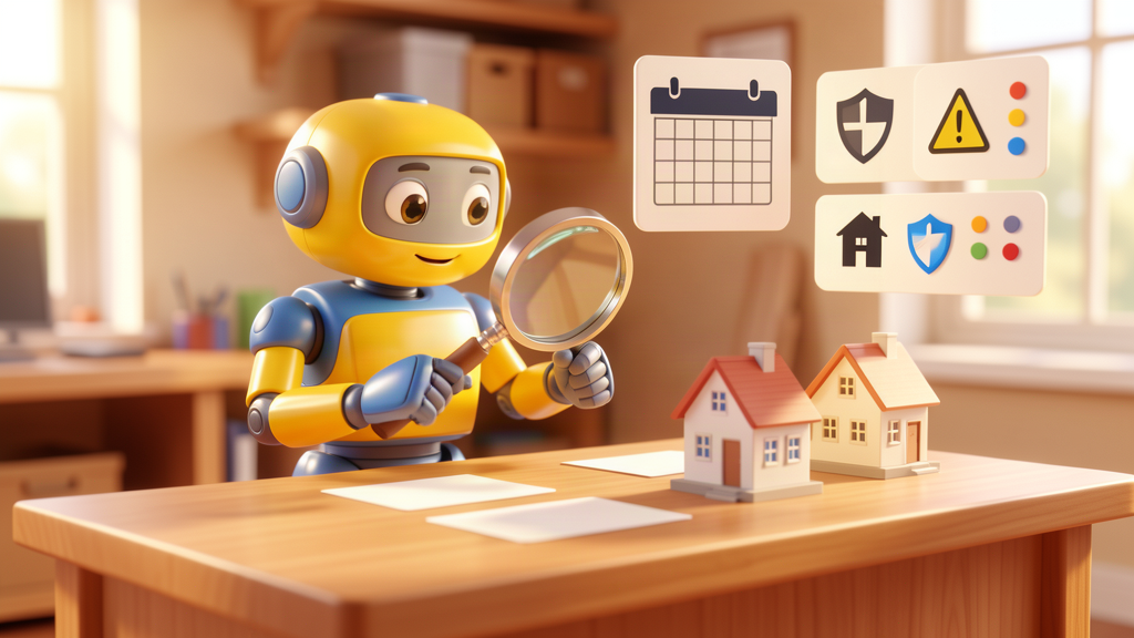 Toy robot inspecting miniature houses with a magnifying glass and abstract insurance renewal panels