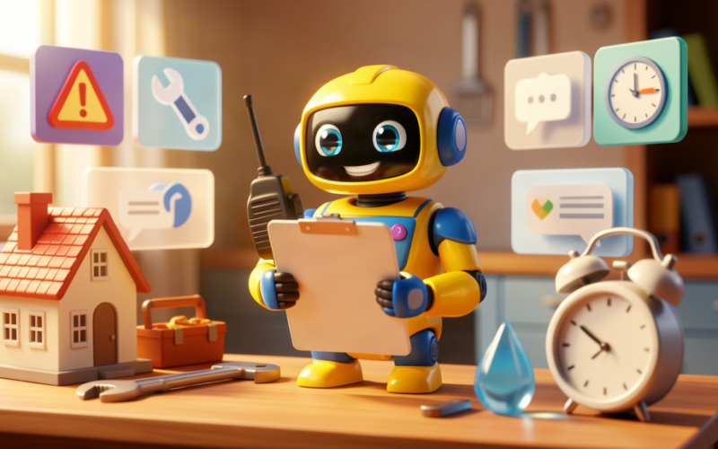 Friendly toy robot triaging property maintenance requests with house and repair icons in a warm 3D scene