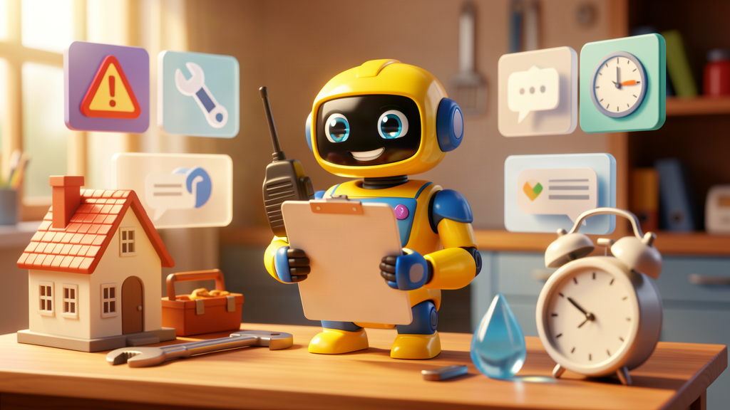 Friendly toy robot triaging property maintenance requests with house and repair icons in a warm 3D scene