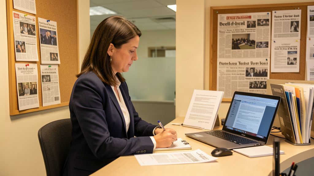 Receptionist drafting a press release with local press cuttings pinned to a noticeboard