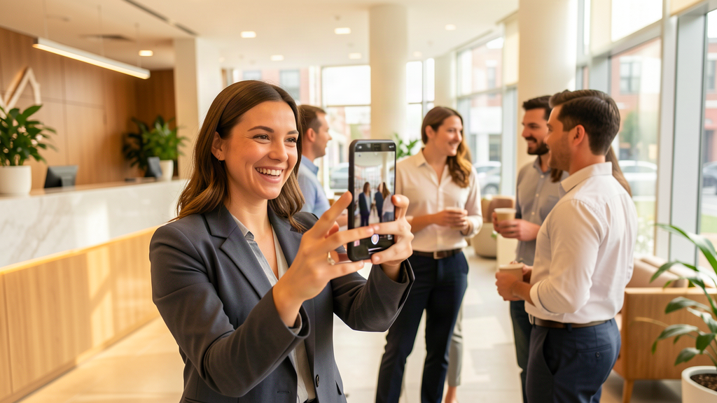 Receptionist photographing colleagues in the office lobby for company social media