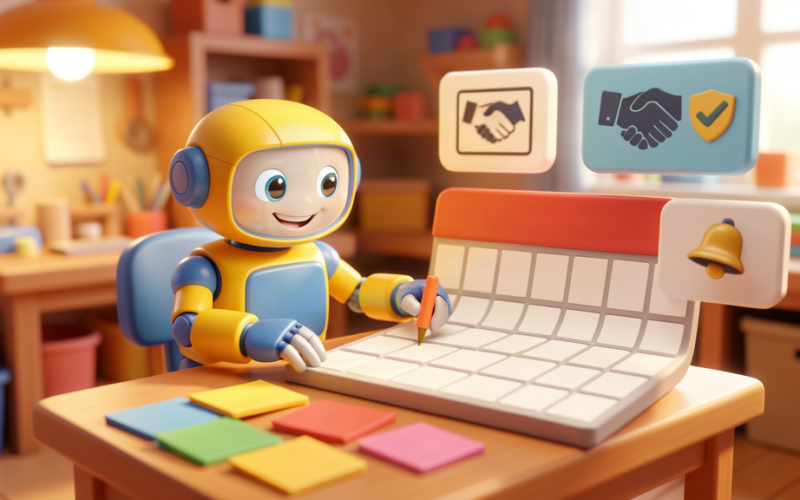 Toy robot reviewing a blank calendar and reminder panels for a recruitment placement guarantee tracker
