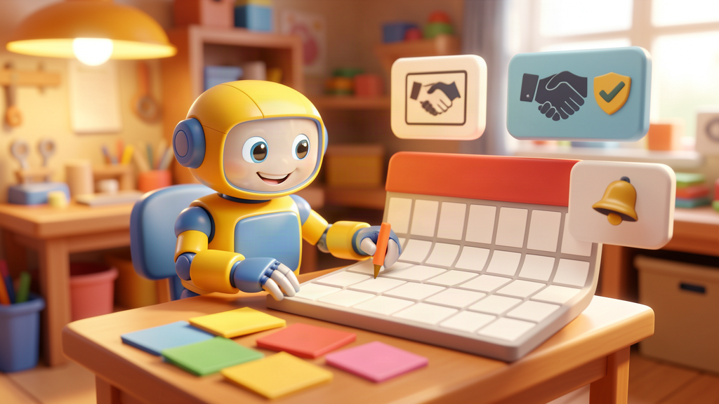 Toy robot reviewing a blank calendar and reminder panels for a recruitment placement guarantee tracker