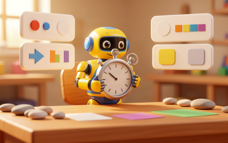 Toy robot holding a stopwatch at a warm desk with abstract recruitment performance and timing panels