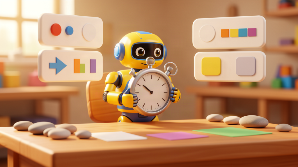 Toy robot holding a stopwatch at a warm desk with abstract recruitment performance and timing panels