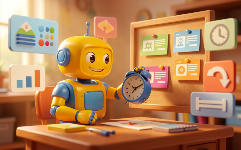 Toy-style AI robot adjusting a clock and arranging job advert performance cards on a desk.