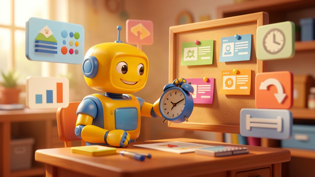 Toy-style AI robot adjusting a clock and arranging job advert performance cards on a desk.