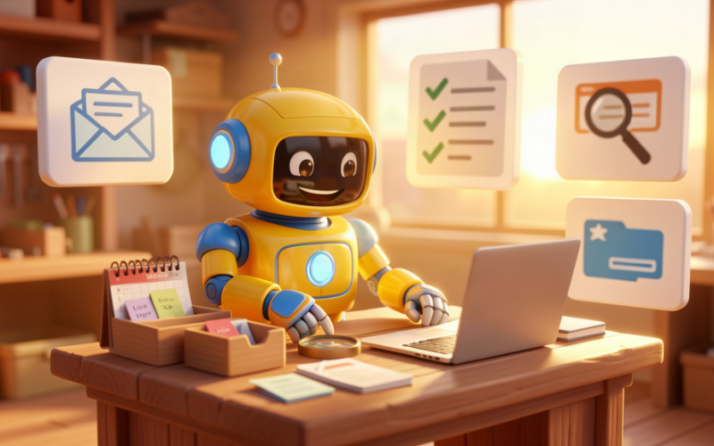 Friendly toy robot organising emails, tasks, summaries and lead research before the working day starts