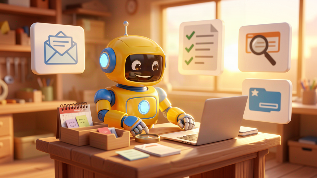 Friendly toy robot organising emails, tasks, summaries and lead research before the working day starts