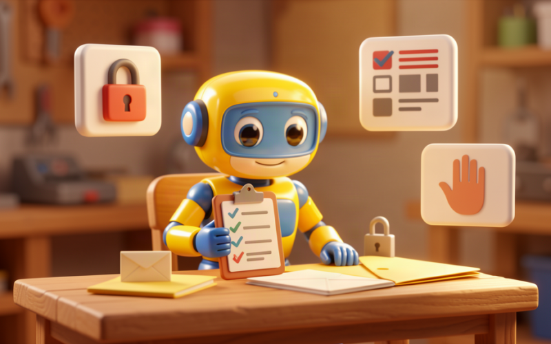 Friendly toy robot with privacy checklist panels representing simple AI policy rules for business teams