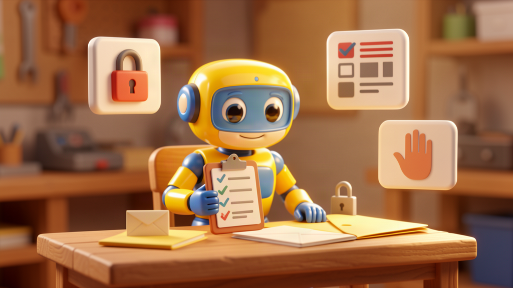 Friendly toy robot with privacy checklist panels representing simple AI policy rules for business teams