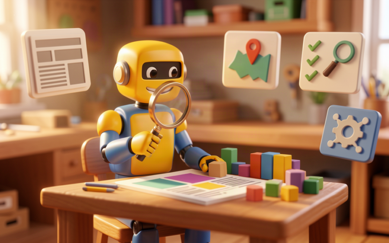 Toy robot reviewing local news workflow panels for Cheltenham Times AI agents