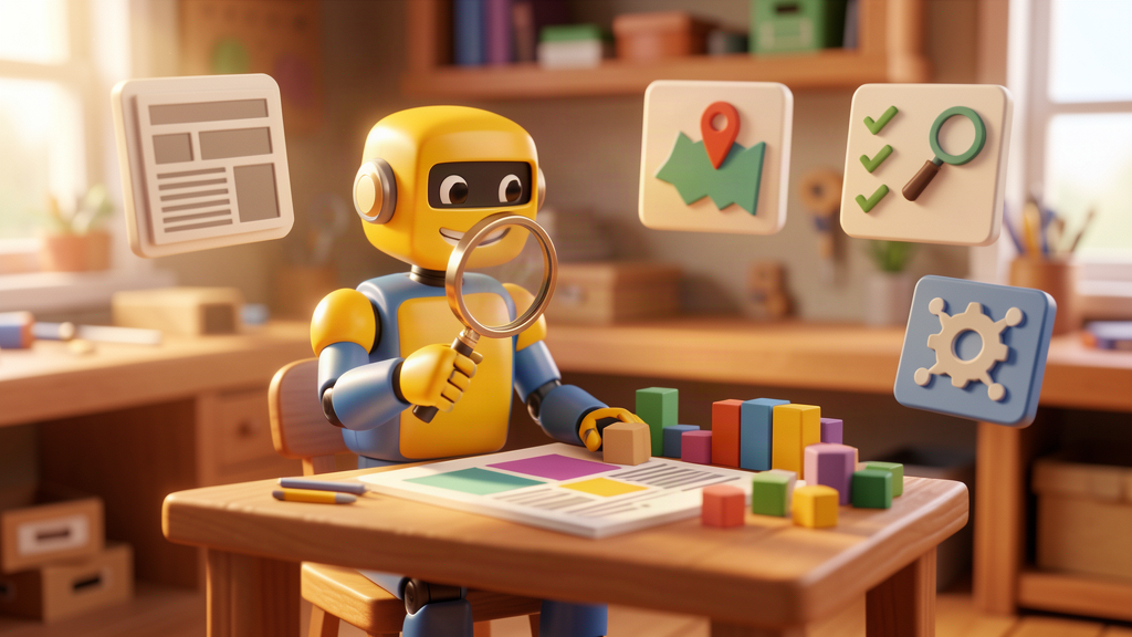 Toy robot reviewing local news workflow panels for Cheltenham Times AI agents
