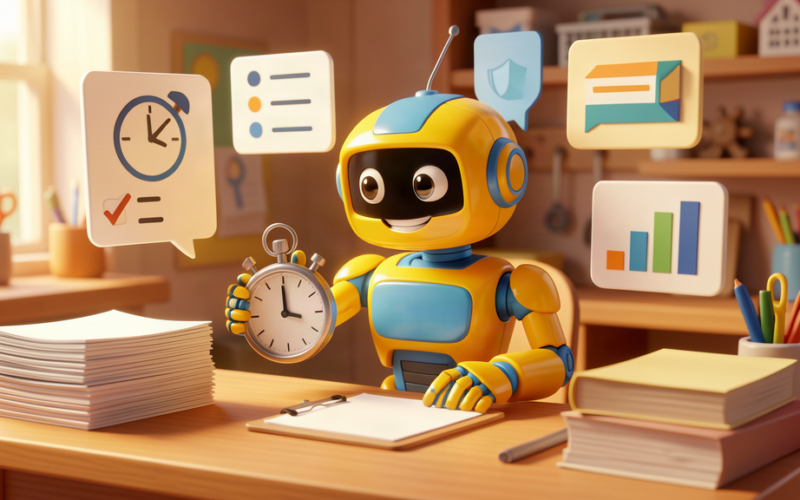 Toy robot measuring AI results with stopwatch, checklist, enquiries, chart and guardrail panels