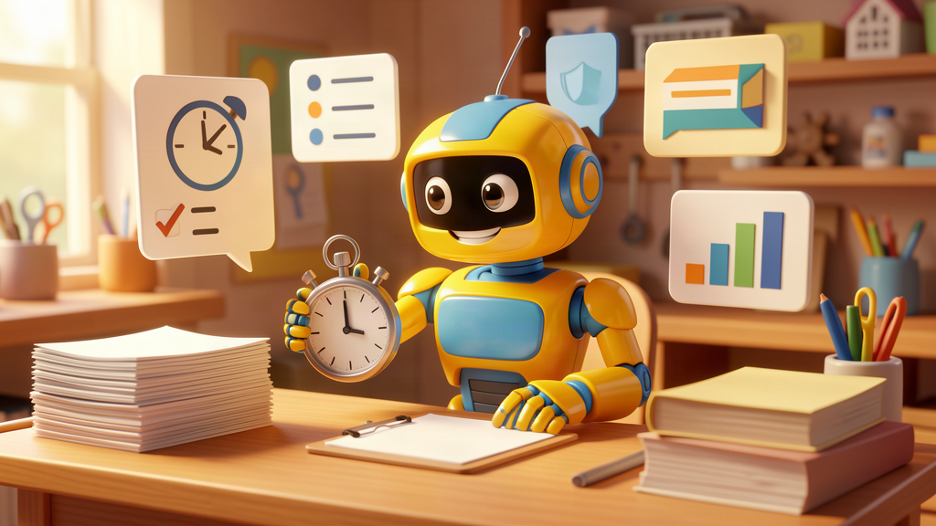 Toy robot measuring AI results with stopwatch, checklist, enquiries, chart and guardrail panels