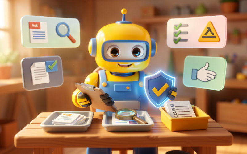 Friendly toy robot sorting content, research and admin tasks with quality control icons