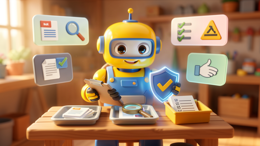 Friendly toy robot sorting content, research and admin tasks with quality control icons