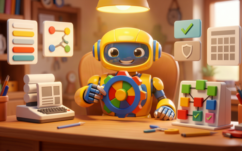 Toy robot connecting AI agent workflows for a local news system and CRM