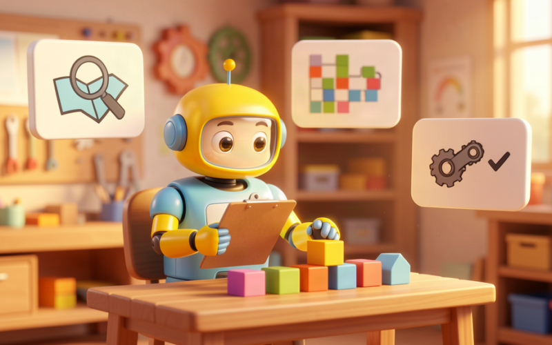 Friendly toy robot consultant arranging workflow blocks on a desk with abstract panels for discovery, prioritisation and measurement
