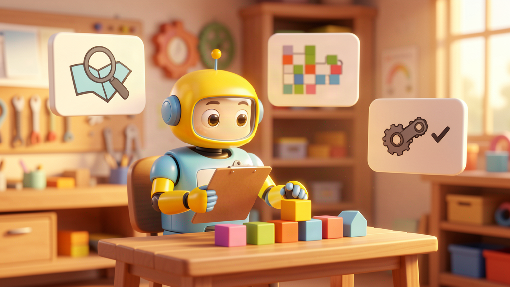 Friendly toy robot consultant arranging workflow blocks on a desk with abstract panels for discovery, prioritisation and measurement
