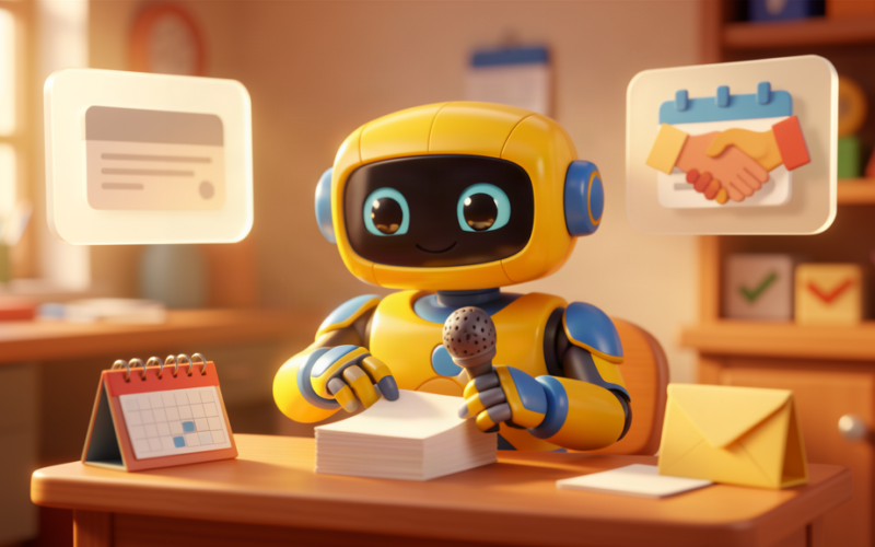 Toy robot at a desk organising contact cards, email and calendar reminders after a networking event